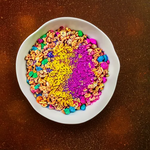 Image similar to a bowl of colorfull cereal falling off a table, studio lighting, food photography