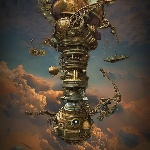 Prompt: flying city in a bronze lotus, sky, steampunk!!!, fantasy art, steampunk, masterpiece, octane