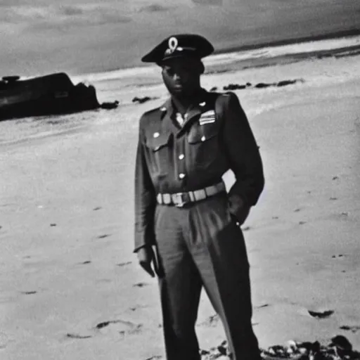 Image similar to 1 9 4 0 s vintage monochrome photograph of kendrick lamar wearing a us army uniform on omaha beach, 8 k, very detailed, very intricate,