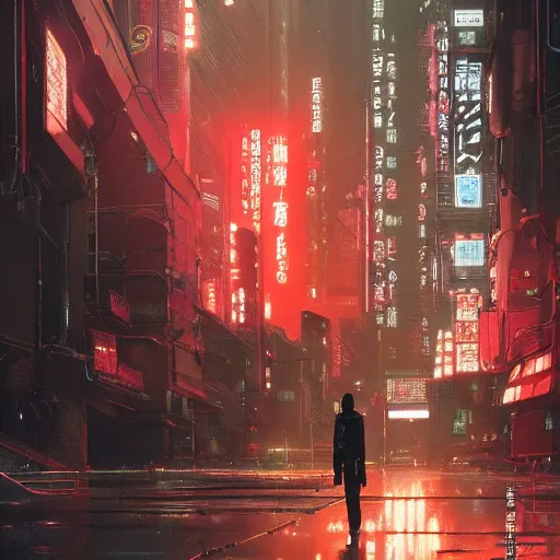 Image similar to a japanese cyberpunk robot, finely detailed features, cyborg robot parts with glowing lights!, dramatic cinematic, night, at cyberpunk city, ghost in the shell, akira, noir, painted by greg rutkowski makoto shinkai takashi takeuchi craig mullins, alphonse mucha, studio ghibli, pixiv