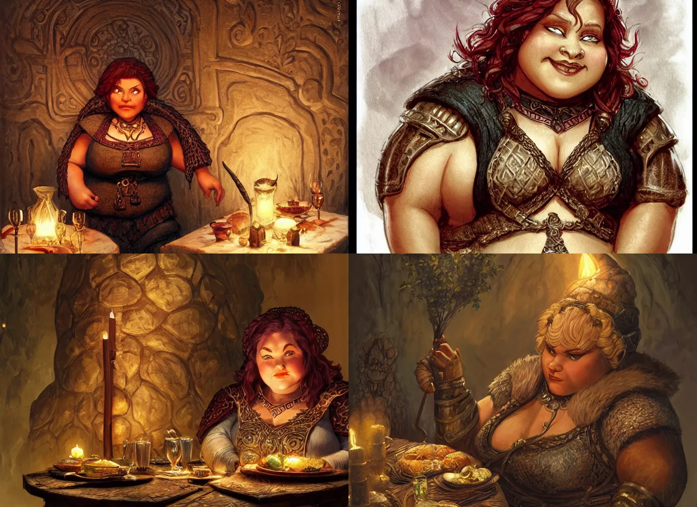 Prompt: an elegant chubby dwarven woman before a beautiful dinning table with delicious food, dnd dragon age warcraft, night time, big nose, plump figure, neat braided hair, cheerful atmosphere, intricate, by greg staples and elsa beskow