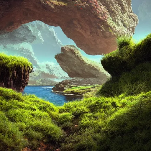 Image similar to artistic digital artwork of a lush natural scene on an alien planet. beautiful landscape by lurid ( 2 0 2 2 ). weird vegetation. cliffs and water. grainy and rough. soft interesting colour palette. straight shapes mixed with organic details. beautiful light. high quality render.