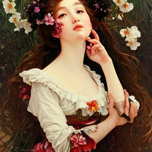 Image similar to a masterpiece ultrarealistic ultradetailed portrait of beautiful love girl maid lady baroque renaissance. medium shot, intricate, elegant, by stanley artgerm lau, wlop, alphonse mucha, rossdraws, andrei riabovitchev. flower background my james jeand.