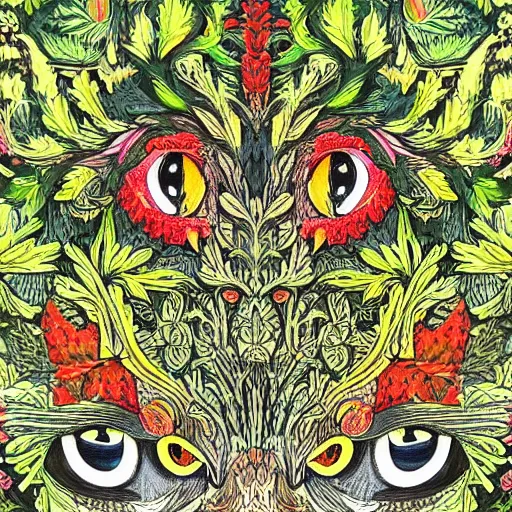 Image similar to colourful ornate decorative green man as a cat face by louis wain and william morris, closeup, twisting leaves, 8 k, artstation