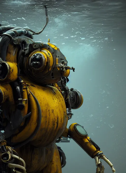 Image similar to a photorealistic dramatic hyperrealistic underwater render of an exosuit deep sea submersible, ultra realistic details, glossy yellow, well worn, rust, oil stains by vitaly bulgarov and mike nash, beautiful dramatic dark moody tones and lighting, cinematic atmosphere, studio lighting, global illumination, shadows, dark background, octane render, 8 k