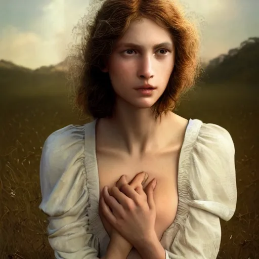 Image similar to photo portrait of a beautiful emotional female in soft light, symmetrical, centered, by edward robert hughes, annie leibovitz and steve mccurry, david lazar, jimmy nelsson, greg rutkowski, breathtaking, 8 k resolution, extremely detailed, beautiful, establishing shot, artistic, hyperrealistic, beautiful face, octane render