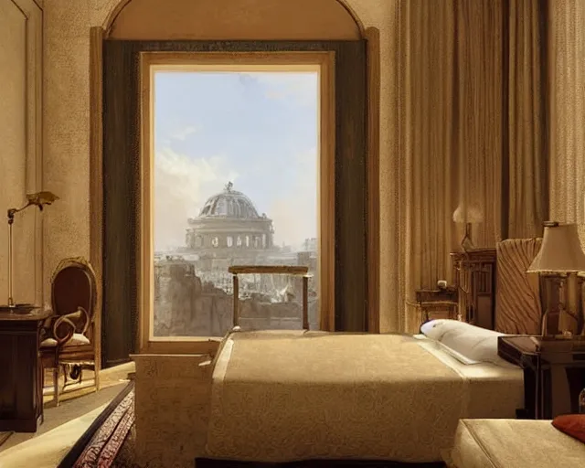 Image similar to a luxury hotel! suite room in the style of roman empire architecture, art by greg rutkowski and artgerma, stunning! concept art, interior! design