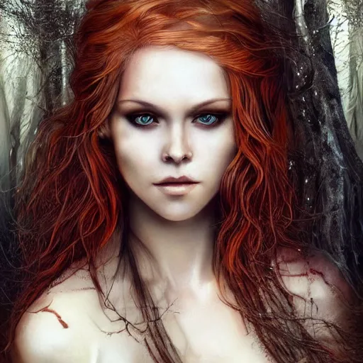Image similar to beautiful nordic volva / witch with blonde red wavy hair and clean eyes standing in a autumn forest, soft flawless pale skin ultra - detailed face, dramatic dark lighting, hyperrealistic photo luis royo, wlop