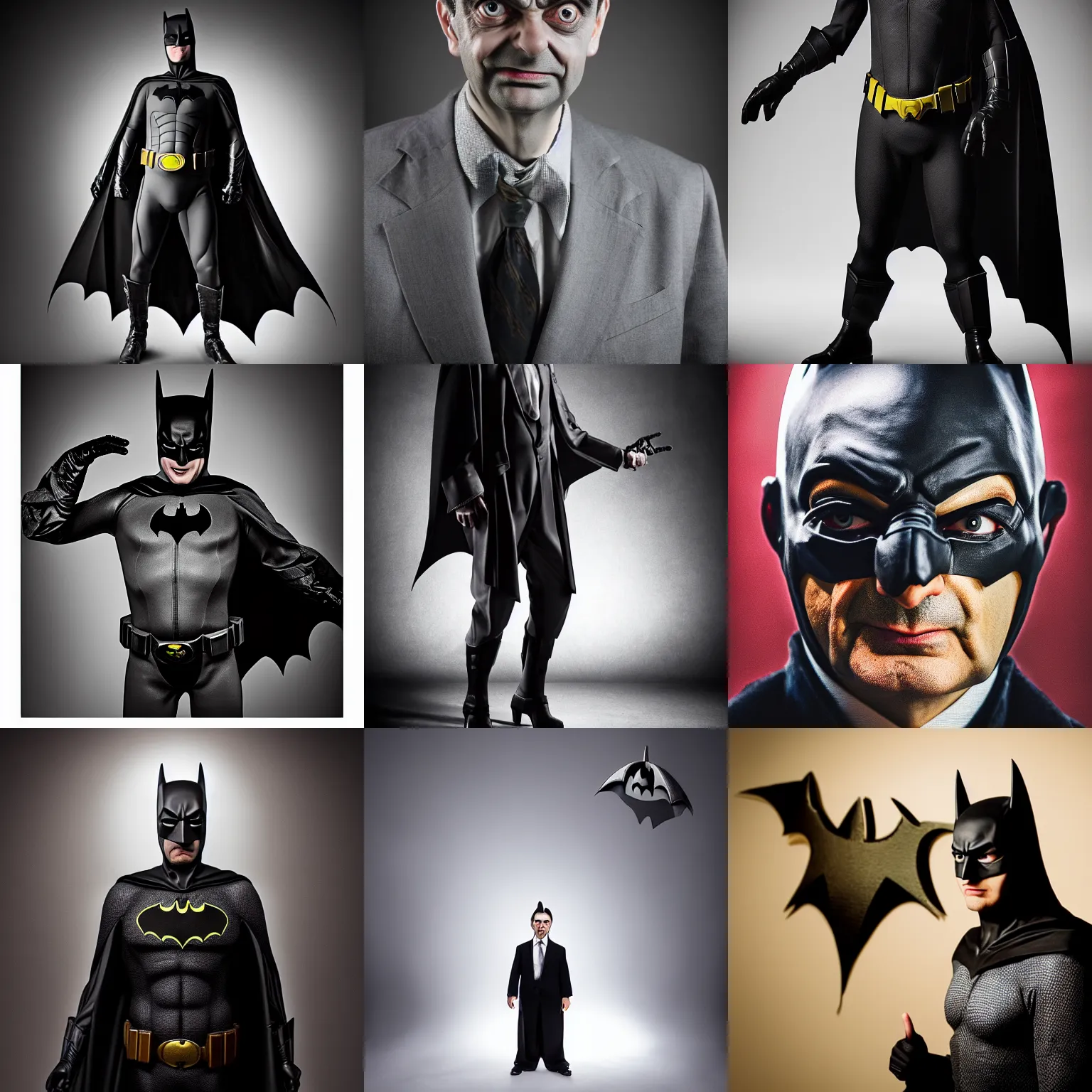 Prompt: mr. bean as batman, studio portrait, highly detailed, cinematic lighting, dark ambient