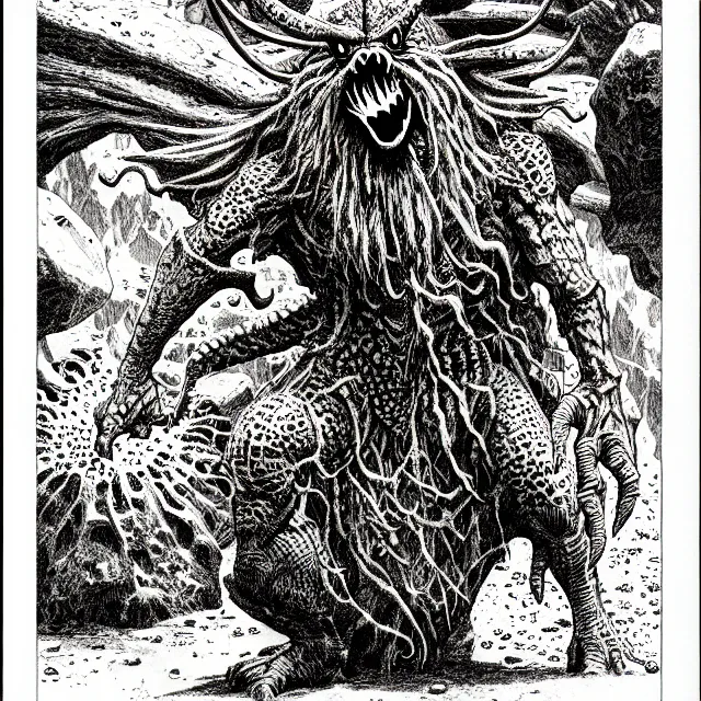 Image similar to オクタロック spitting rocks, as a d & d monster, pen - and - ink illustration, etching, by russ nicholson, david a trampier, larry elmore, 1 9 8 1, hq scan, intricate details, high contrast