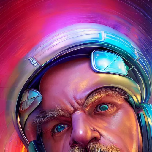 Image similar to a colorful closeup portrait of the a cybertronic mask depicting the dude from the big lebowski. dreamy vibes floating head and dreaming psychedelic hair. halo behind his head. trending on artstation. by peter mohrbacher and moebius and alex ross. intricate detail. hyperrealistic. photorealism. 8 k. flat design