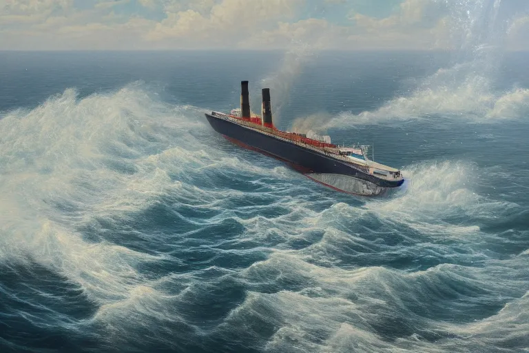 Image similar to ocean liner sinking with water crashing over the ship, bird's eye view, realist painting, 4k high res