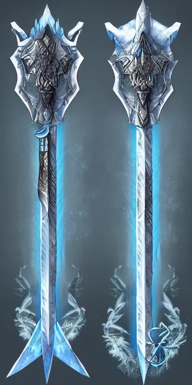 Image similar to glacier warrior sword blade, blue snow theme sword blade, fantasy sword of warrior, armored sword blade, glacier coloring, epic fantasy style art, fantasy epic digital art, epic fantasy weapon art