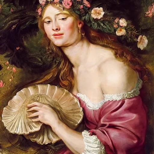 Image similar to an ultradetailed mythological oil painting of a beautiful woman with long brown hair, full body, wearing pink floral gown, lying asleep inside a giant scallop shell, near the seashore, intricate lines, elegant, renaissance style, by peter paul rubens