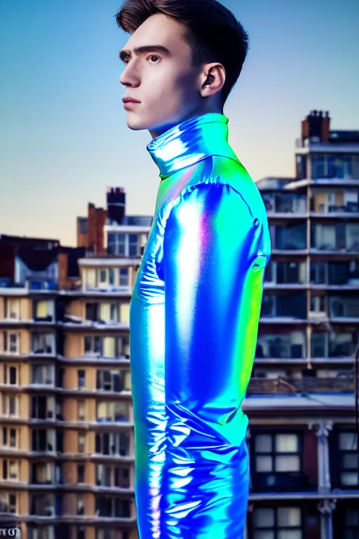 Image similar to un ultra high definition studio quality photographic art portrait of a young man standing on the rooftop of a british apartment building wearing soft inflatable padded iridescent refractive clothing. three point light. extremely detailed. golden ratio, ray tracing, volumetric light, shallow depth of field. set dressed.