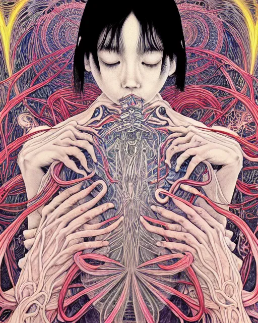 Image similar to human spirit breaking away from the body, conjuring psychedelic background, part by takato yamamoto, part by alex gray, ross tran, james jean, ultra realistic, highly detailed, 8 k, trending on artstation, symmetry