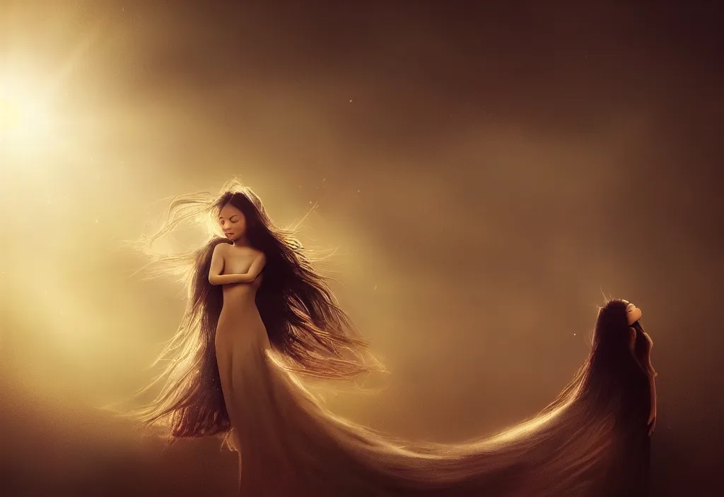 Image similar to a thin, pretty young Filipino woman with long hair floats dramatically in the air in a dreamy world in the distance, her face is in shadow, eyes closed, very beautiful, inspiring, hopeful, dramatic lighting, abstract digital art, trending on artstation