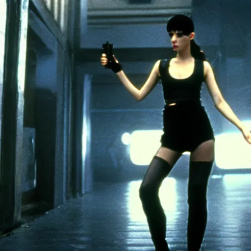 Prompt: jennifer connely by stanley kubrick, sexy black shorts, wearing black boots, wearing a cropped top, 4 k quality, blade runner, highly detailed, movie still, intense, cyberpunk, hq