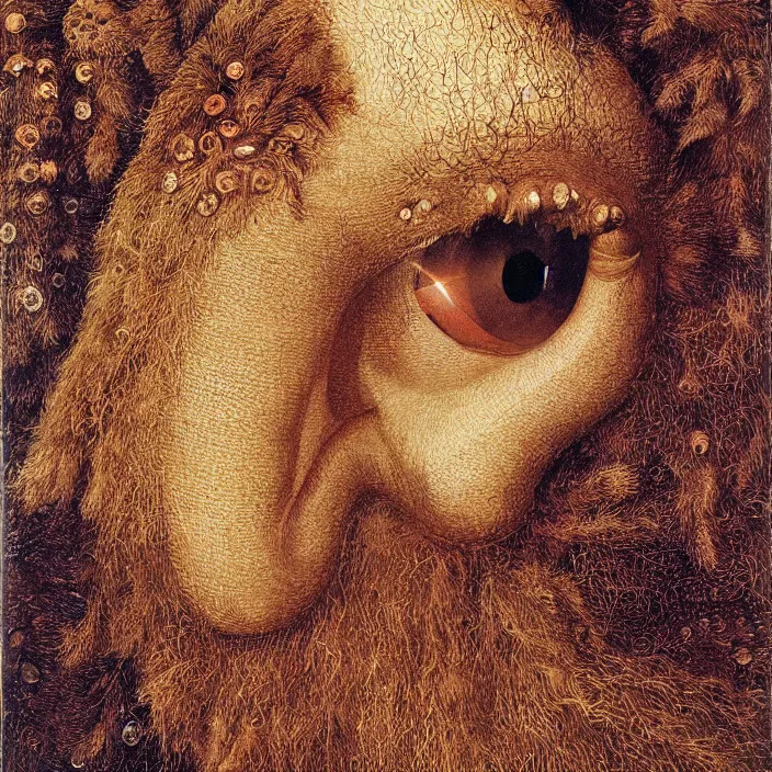 Prompt: close up portrait of a mutant monster creature with crystal eyes, small open pinky lips, fractal long eyelashes, cloth, needles. jan van eyck, audubon