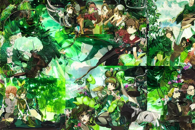 Prompt: green themed collage with anime focus, highly detailed, featured on artstation, highly detailed, abstract