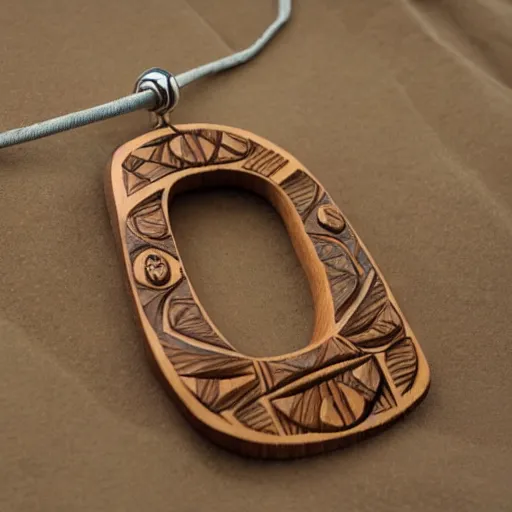 Image similar to wood carved jewelry inspired by the Haida Gwaii totems, high detail, product photo