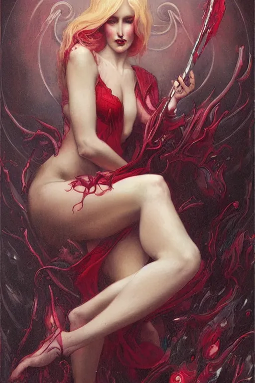 Image similar to Devil by Tom Bagshaw in the style of Gaston Bussière, art nouveau, art deco