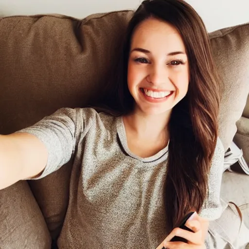 Image similar to Selfie photograph of a cute young woman smiling, long shiny bronze brown hair, full round face, emerald green eyes, medium skin tone, light cute freckles, smiling softly, wearing casual clothing, relaxing on a modern couch, interior lighting, cozy living room background, close-up shot, trending on instagram