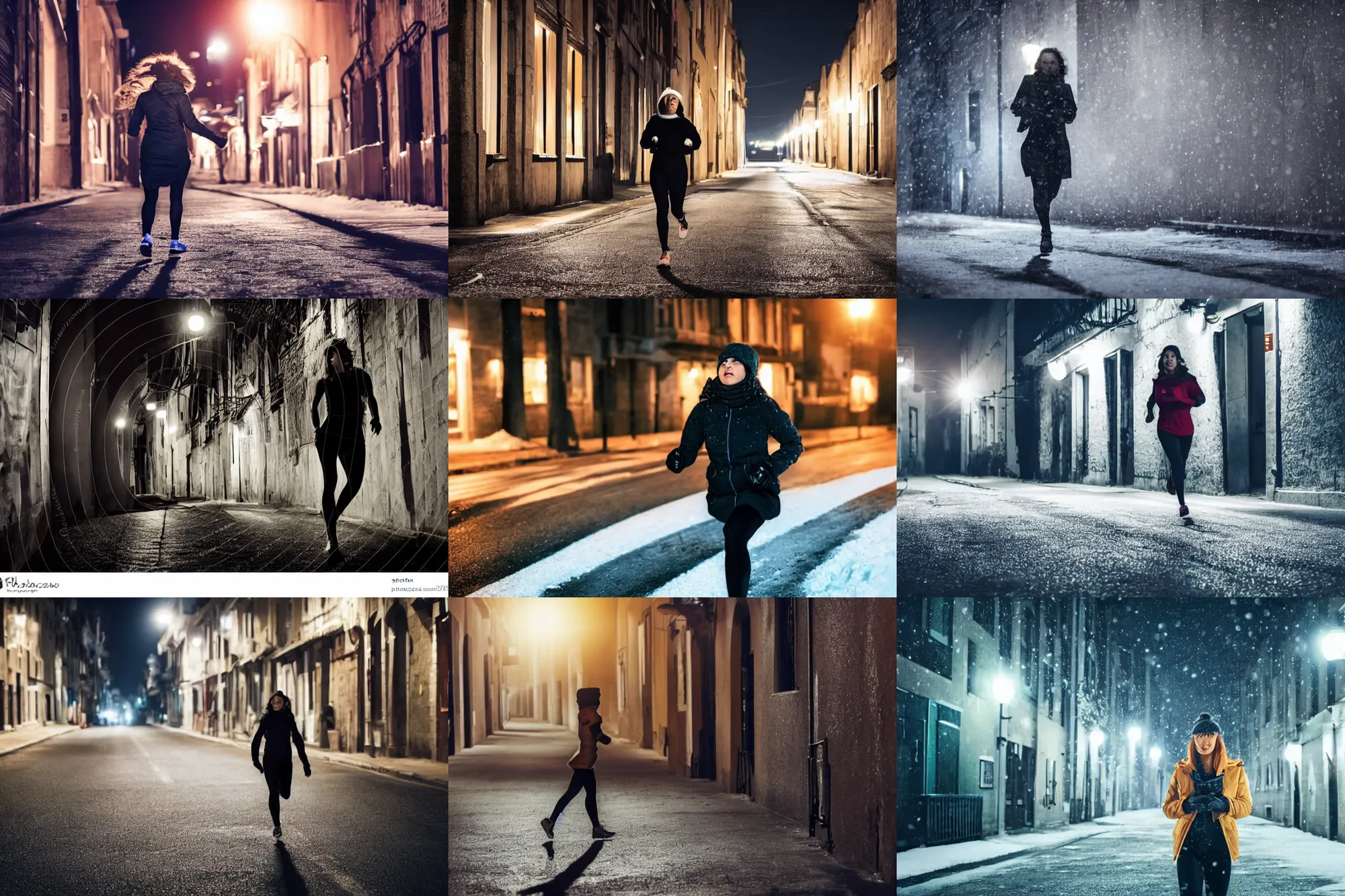 Prompt: woman 3 6 years old in one sheet runs along a dark street in winter