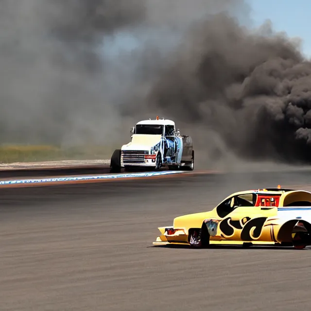 Prompt: nhra, drag strip, drag car, dirt explosion, smoke explosion, rolling car photograph, furry fandom, photorealistic,