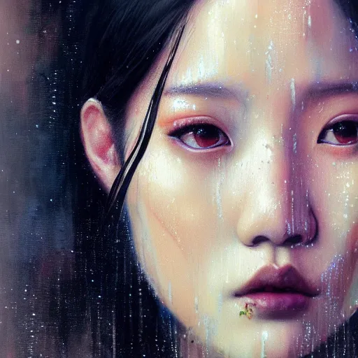 Image similar to jisoo of blackpink, hyperrealistic portrait, bladerunner street, by karol bak and agnes cecile, fantasy art, photo realistic, dynamic lighting, artstation, poster, volumetric lighting, very detailed face, 8 k, award winning