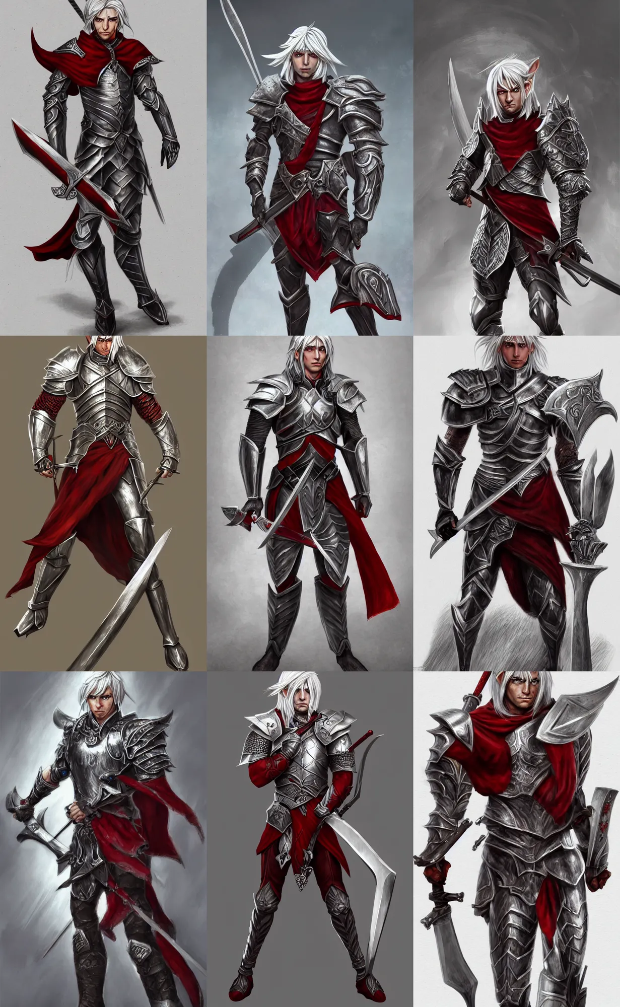 Prompt: A full body illustration of a male elf, silver hair, red eyes, wearing heavy armor, holding a broadsword, muscular, attractive, command presence, royalty, weathered face, gritty, hard shadows, smooth, illustration, concept art, highly detailed, muscle definition, ArtStation, ArtStation HQ