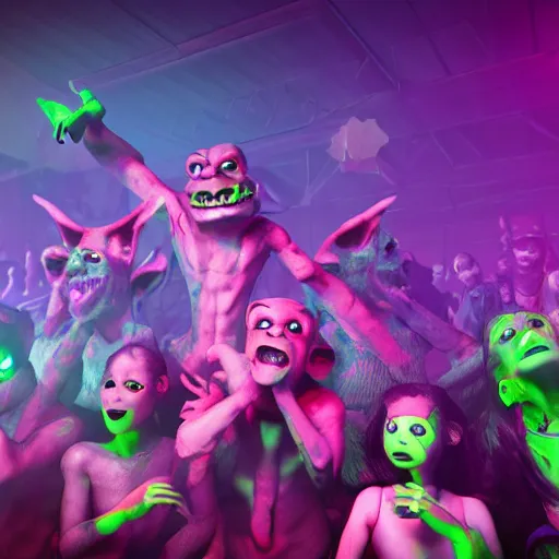 Prompt: goblins partying at a rave, green skin, octane render, 8 k, fantasy