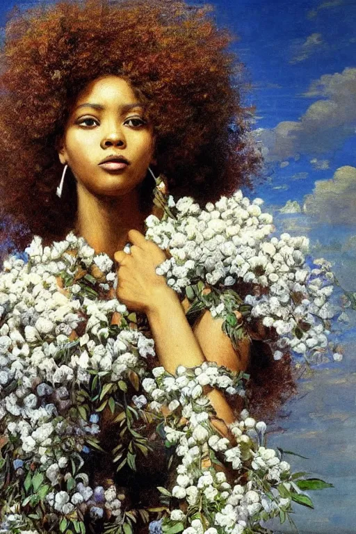 Prompt: close - up fashion afro woman portrait airy flowers cloudy sky art by vasnetsov