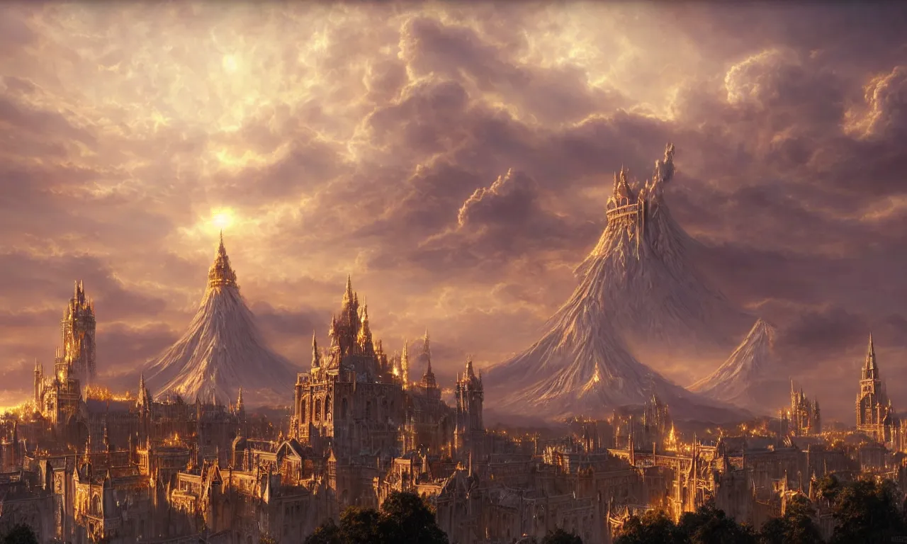 Image similar to beautiful gold fantasy city made from white stone and bright copper built on a volcano, gondor, misty, red sky, medieval city, metropolis, magic, gorgeous clouds, white marble, god rays, digital art, landscape, fantasy art, octane render, ureal engine, high detail, very realistic, by greg rutkowski. by james gurney