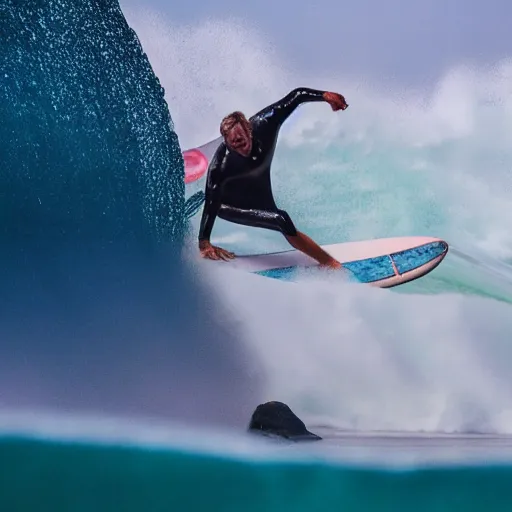 Prompt: professional photo of a surfer on a huge wave, summer season, 8 k