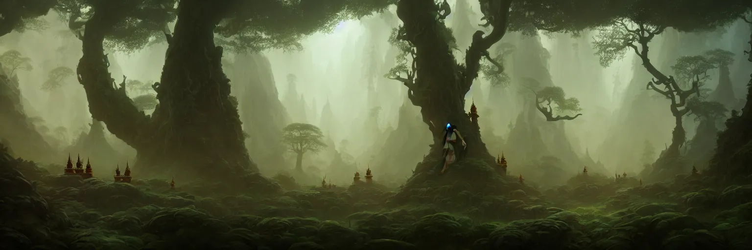 Image similar to Mysterious beautiful Buddhist forest, matte painting by Peter Mohrbacher, featured in artstation, octane render, cinematic, elegant, intricate, 8k