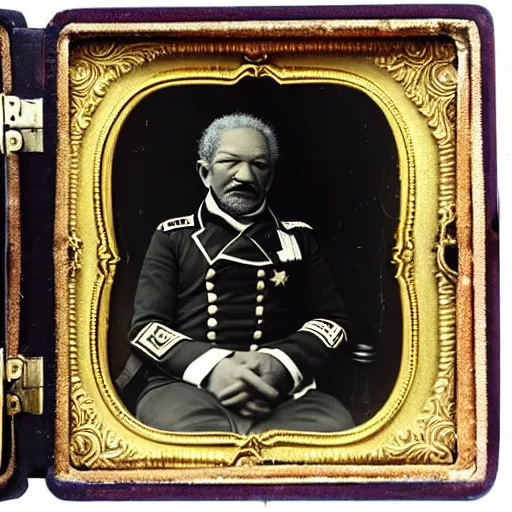 Image similar to A daguerreotype of Redd Foxx dressed in 19th century military uniform, regal, refined, highly detailed