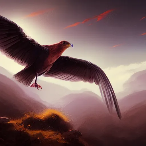 Image similar to milvus milvus bird flying in avila mountains, 4 k, concept art, by wlop, ilya kuvshinov, artgerm, krenz cushart, greg rutkowski, pixiv. cinematic dramatic atmosphere, sharp focus, volumetric lighting, cinematic lighting, studio quality