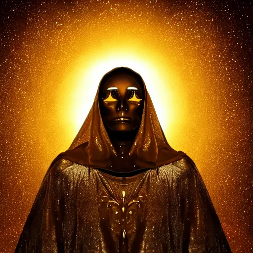 Image similar to a dark being in a gold cloak with a glowing face of blinding cosmic color light