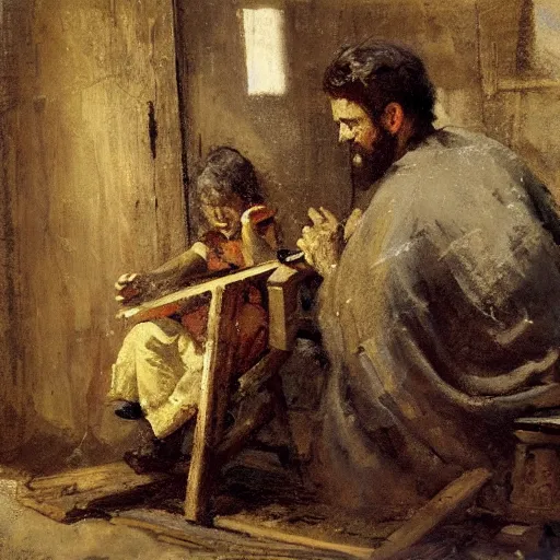 Prompt: St. Joseph using a saw to cut wood with a small child seated on a stool beside him, ancient worn robes, by Jeremy Mann, stylized, detailed, realistic, loose brush strokes, simple, wholesome, earthy tones, touch of gold leaf