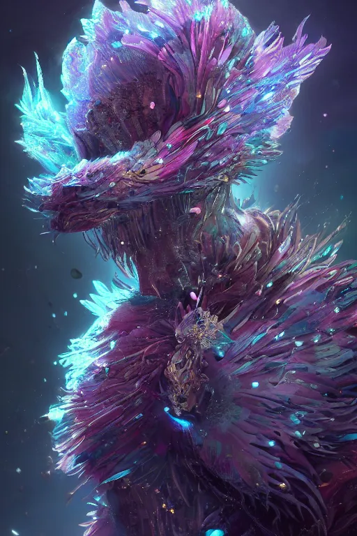 Prompt: A fancy portrait of beautifully crystalized fantasy creature by Greg Rutkowski, beeple, Sung Choi, Mitchell Mohrhauser, Maciej Kuciara, Johnson Ting, Maxim Verehin, Peter Konig, final fantasy, macro lens , 8k photorealistic, cinematic lighting, HD, high details, dramatic, dark atmosphere, trending on artstation