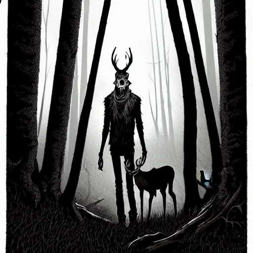 Prompt: Emma Rios and Steve Niles comic, Wendigo monster with deer skull face, antlers, furry brown body, tall and lanky skinny, walking through the forest, very dark night time, ominous moody lighting, spooky, scary, foggy, fog