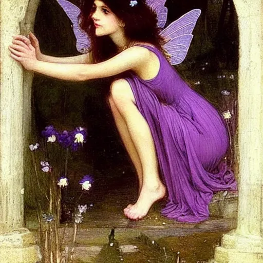 Prompt: very very very beautiful tiny fairy woman in her 20s with fairy wings wearing skintight purple dress, making eye contact, smiling, flirty, perfect body, perfect face, drawn by john william waterhouse