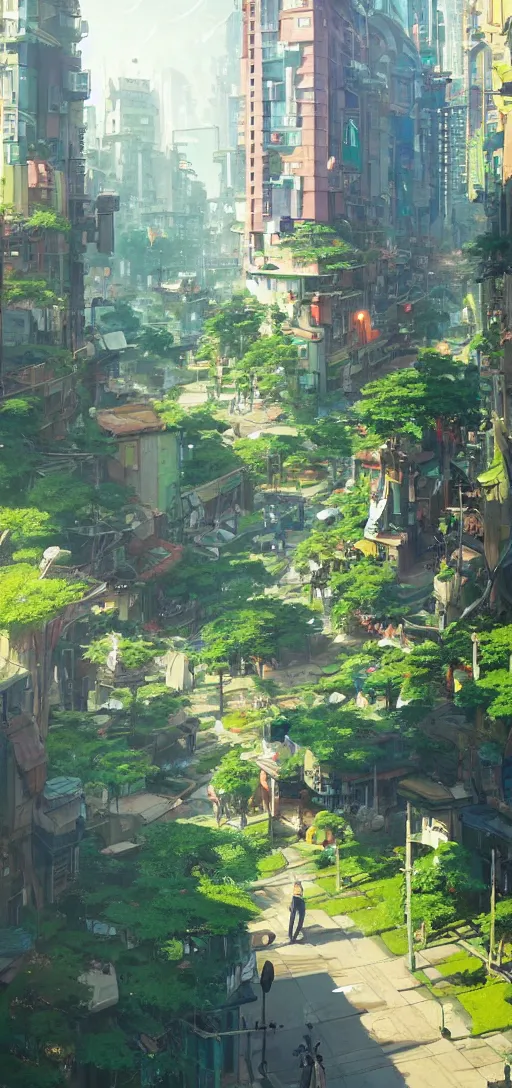 Image similar to Downtown solarpunk utopia, clean streets, green, optimistic, clean and sharp colors, by studio ghibli and greg rutkowski