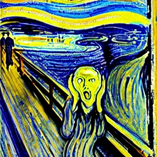 Image similar to painting of edvard munch's the scream with van gogh's the starry night in the background, detailed