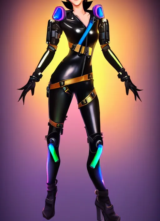 Prompt: full body digital artwork of tracer overwatch, confident pose, wearing black iridescent rainbow latex, 4 k, expressive happy smug expression, makeup, in style of mark arian, wearing detailed black leather collar, wearing sleek armor, black leather harness, expressive detailed face and eyes,