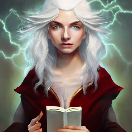 Image similar to Beautiful white haired aged fair skinned scholar elf with spell scroll and lightning background, realism, digital painting, detailed artwork, portrait, mythical, artstation