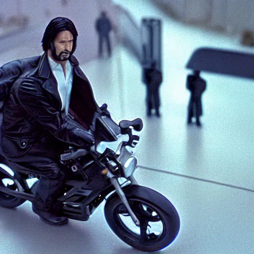 Image similar to beautiful hyperrealism three point perspective film still of Keanu Reeves as neo with machine gun in a motorcycle chase scene in Matrix(1990) extreme closeup portrait in style of 1990s frontiers in translucent porclein miniature street photography seinen manga fashion edition, miniature porcelain model, focus on face, eye contact, tilt shift style scene background, soft lighting, Kodak Portra 400, cinematic style, telephoto by Emmanuel Lubezki