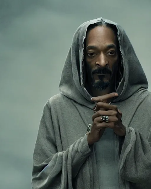 Prompt: Snoop Dogg in the role of Gandalf the Grey in the gray hood speaks to Frodo, film still, amazing short, 8K, IMAX, ultra detailed