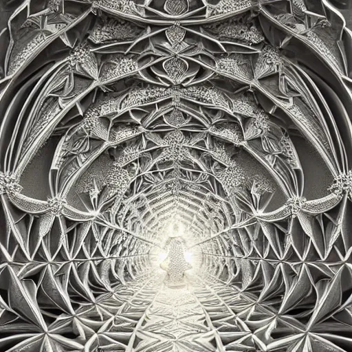 Image similar to a beautiful 3 d stone carving of an intricate mandelbrot fractal cathedral populated by fractals by android jones, carved soap, white color scheme, unreal engine, volumetric lighting, dynamic lighting, bright, dramatic lighting, high contrast, carved marble, opalescent, sacred geometry, religious, angelic, catholicpunk, stark, trending on artstation